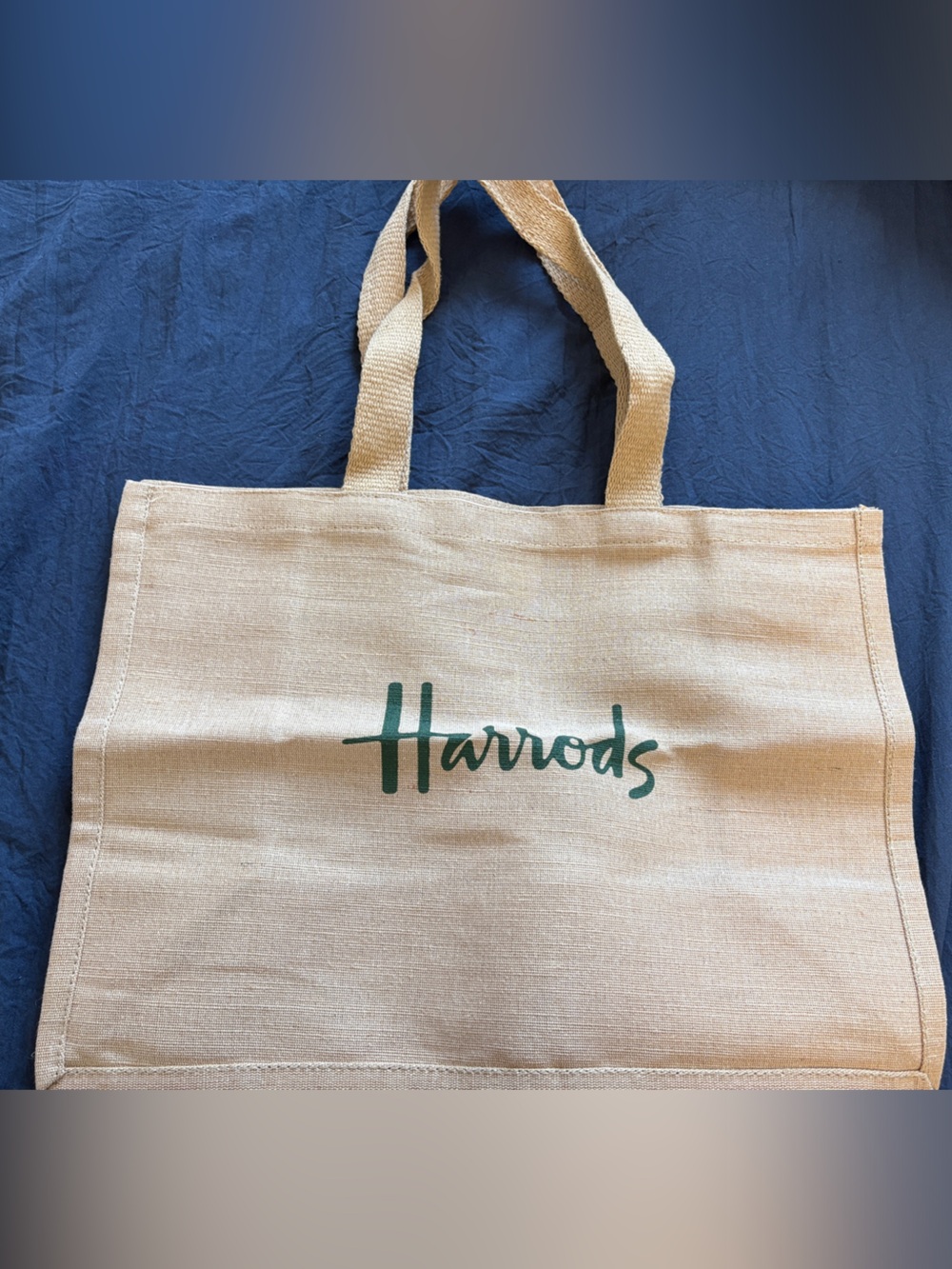 Harrods Natural Canvas Tote with Green Script Logo